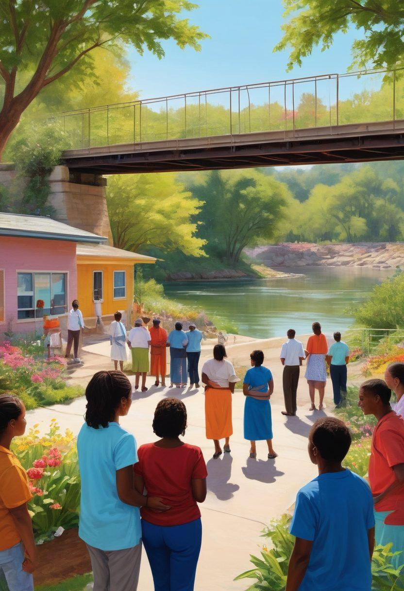 An artistic representation of a community gathering at a budget clinic, showcasing diverse individuals receiving care and support. Include a bridge in the background symbolizing connection and hope, with warm, inviting colors conveying well-being and togetherness. Elements of nature, such as trees or flowers, can enhance the sense of a nurturing environment. emotive expressions on the people's faces emphasize the positive impact of the clinics. vibrant colors. illustration.