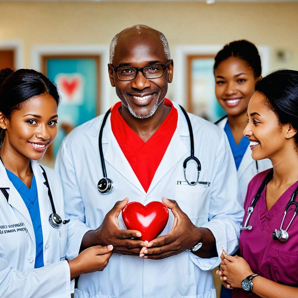 A heart symbol intertwined with a stethoscope, radiating vibrant waves of compassion and care. In the background, a warm healthcare practitioner assisting a diverse group of patients with smiles, set against a backdrop of a friendly clinic environment. The scene evokes feelings of love, trust, and health. super-realistic. vibrant colors. soft focus.