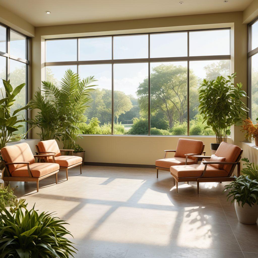 A soothing scene featuring a diverse group of caregivers interacting compassionately with patients in a bright, welcoming clinic. Include elements like lush plants, warm sunlight streaming through windows, and affordable care symbols such as health brochures. Soft smiles and gentle gestures should evoke a sense of comfort and empathy. Natural color palette with muted hues. super-realistic. vibrant colors. warm atmosphere.